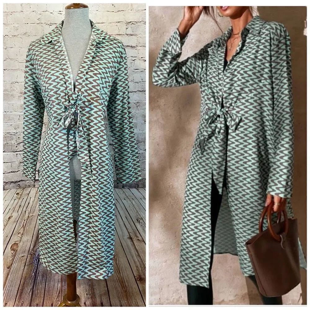 Zara Women's Green Lissie Chevron Open Front Tie Shirt Swim Cover Up Medium NWT